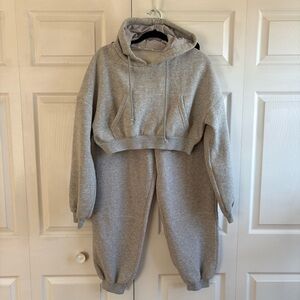 4th&Reckless Millie Grey‎ Fleece Crop Hoodie & Pants Set S Athleisure Leisure